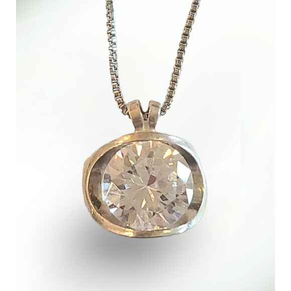 Solitaire Pendant 925 Sterling Silver Plated Cubic Zirconia Necklace 18" - Picture 2 of 5